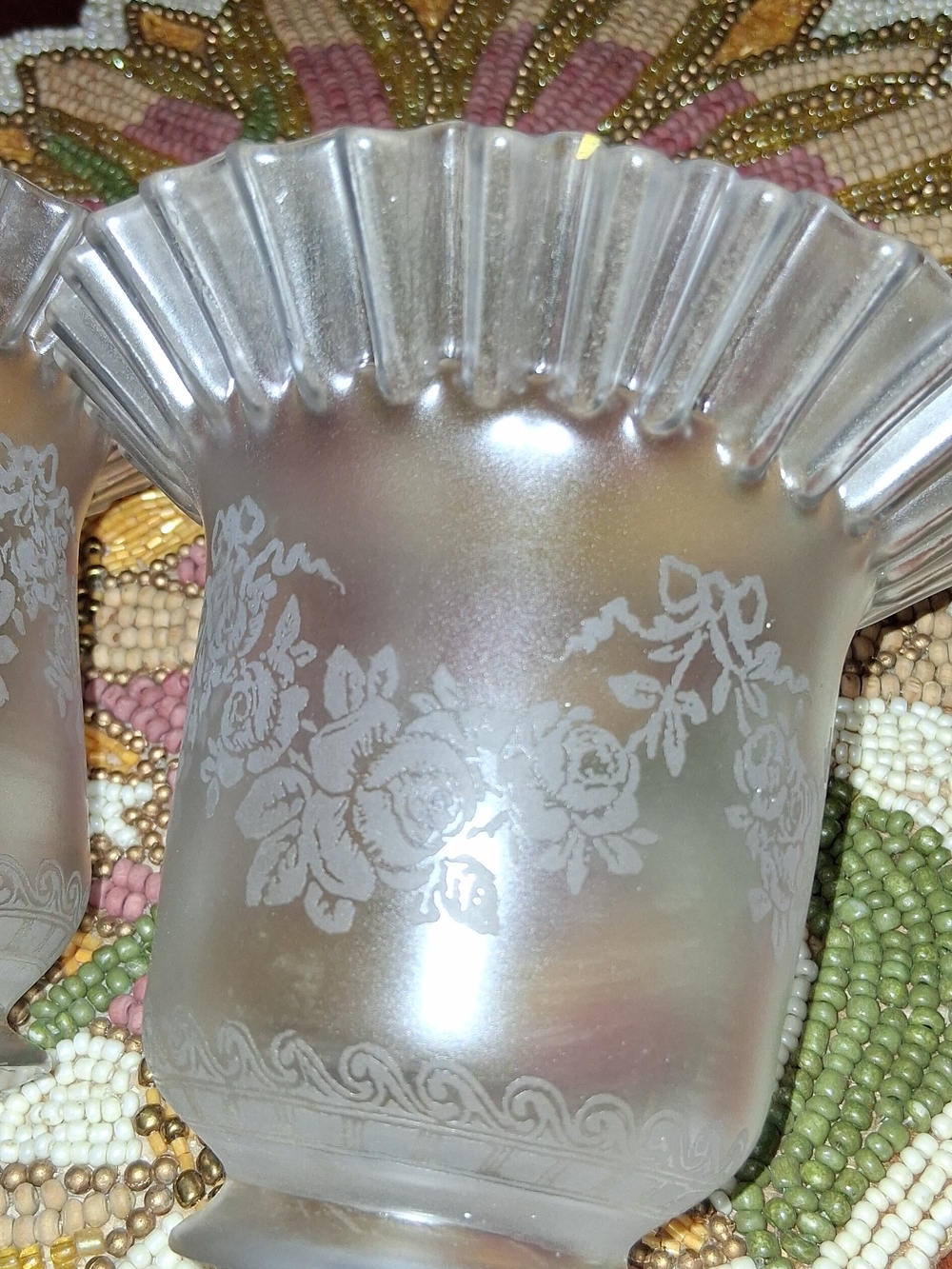 Antique Victorian Acid Etched Frosted Glass Iriedescent Shades pr. Floral Motif